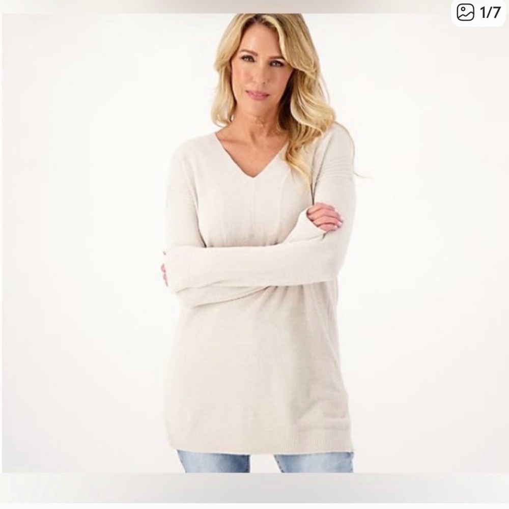 Barefoot Dreams CozyChic Ultra Lite V-Neck Seamed Pullover Sweater size L white